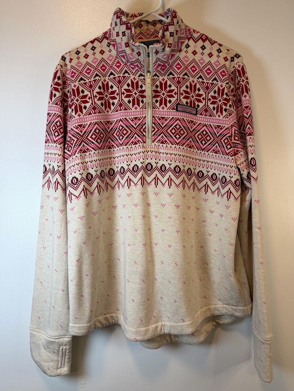 Vineyard Vines Cream and Pink Fair Isle 1/4 Zip Relaxed Shep Shirt Women’s Large